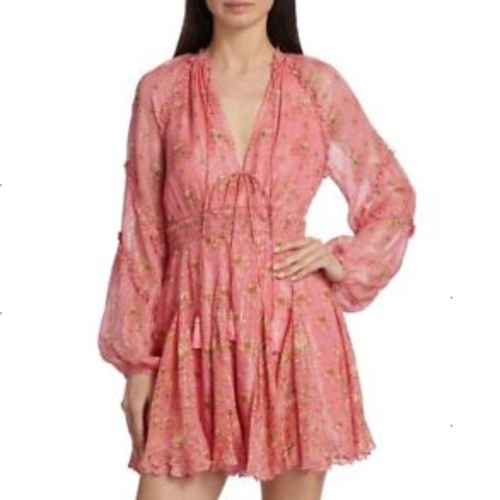 NWT Hemant & Nandita Coral Metallic Floral V-Neck Mini Dress Size Small